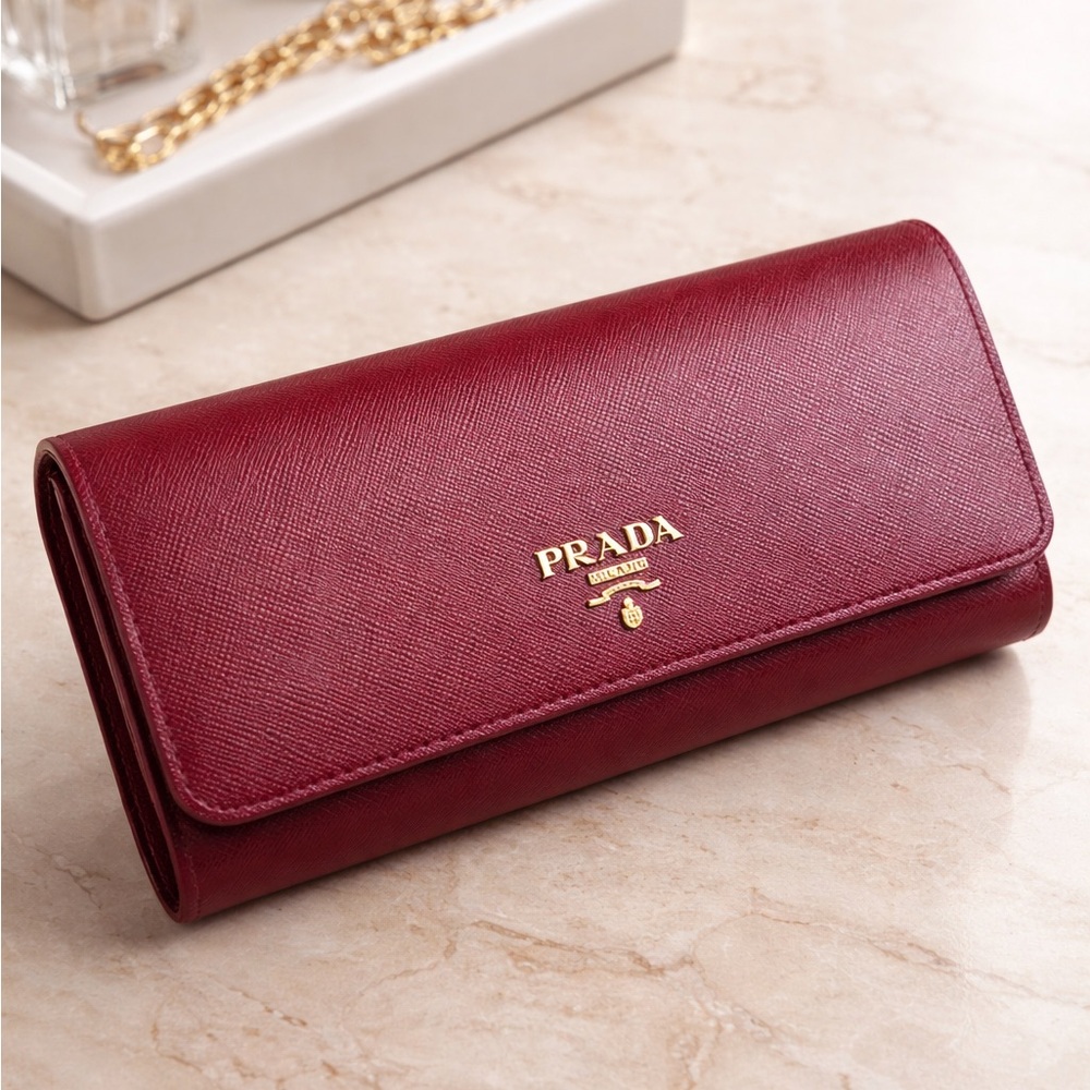 Prada Large Saffiano Leather Wallet Burgundy Like New Authentic